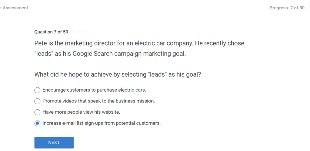 Pete is the marketing director for an electric car company. He recently chose "leads" as his Google Search campaign marketing goal. 